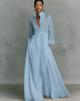 Abito Maxi Minimalista in Cotone e Lino con Patchwork, Collo Alzato e Maniche Lunghe