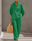 Fashion Cotton Linen Button Stand Collar 9 Quarter Sleeves Loose Women's 2-piece Suit Spring Casual Wide Leg Pants Suit Female