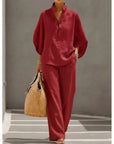 Fashion Cotton Linen Button Stand Collar 9 Quarter Sleeves Loose Women's 2-piece Suit Spring Casual Wide Leg Pants Suit Female
