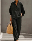 Fashion Cotton Linen Button Stand Collar 9 Quarter Sleeves Loose Women's 2-piece Suit Spring Casual Wide Leg Pants Suit Female