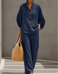 Fashion Cotton Linen Button Stand Collar 9 Quarter Sleeves Loose Women's 2-piece Suit Spring Casual Wide Leg Pants Suit Female