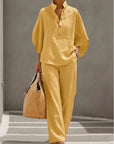 Fashion Cotton Linen Button Stand Collar 9 Quarter Sleeves Loose Women's 2-piece Suit Spring Casual Wide Leg Pants Suit Female