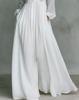 Abito Maxi Minimalista in Cotone e Lino con Patchwork, Collo Alzato e Maniche Lunghe