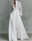Abito Maxi Minimalista in Cotone e Lino con Patchwork, Collo Alzato e Maniche Lunghe