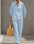 Fashion Cotton Linen Button Stand Collar 9 Quarter Sleeves Loose Women's 2-piece Suit Spring Casual Wide Leg Pants Suit Female