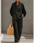 Fashion Cotton Linen Button Stand Collar 9 Quarter Sleeves Loose Women's 2-piece Suit Spring Casual Wide Leg Pants Suit Female