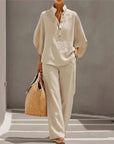 Fashion Cotton Linen Button Stand Collar 9 Quarter Sleeves Loose Women's 2-piece Suit Spring Casual Wide Leg Pants Suit Female