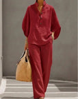 Fashion Cotton Linen Button Stand Collar 9 Quarter Sleeves Loose Women's 2-piece Suit Spring Casual Wide Leg Pants Suit Female