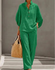 Fashion Cotton Linen Button Stand Collar 9 Quarter Sleeves Loose Women's 2-piece Suit Spring Casual Wide Leg Pants Suit Female