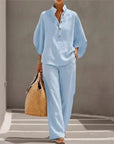 Fashion Cotton Linen Button Stand Collar 9 Quarter Sleeves Loose Women's 2-piece Suit Spring Casual Wide Leg Pants Suit Female