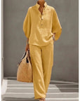 Fashion Cotton Linen Button Stand Collar 9 Quarter Sleeves Loose Women's 2-piece Suit Spring Casual Wide Leg Pants Suit Female