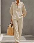Fashion Cotton Linen Button Stand Collar 9 Quarter Sleeves Loose Women's 2-piece Suit Spring Casual Wide Leg Pants Suit Female