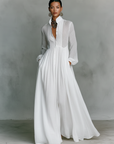 Abito Maxi Minimalista in Cotone e Lino con Patchwork, Collo Alzato e Maniche Lunghe